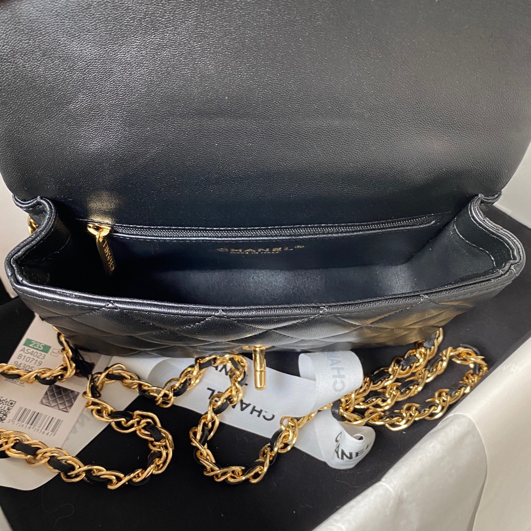 Bagsaaa Ch**el Flap Bag Lambskin Leather Gold Handle In Black - 13X21X8cm