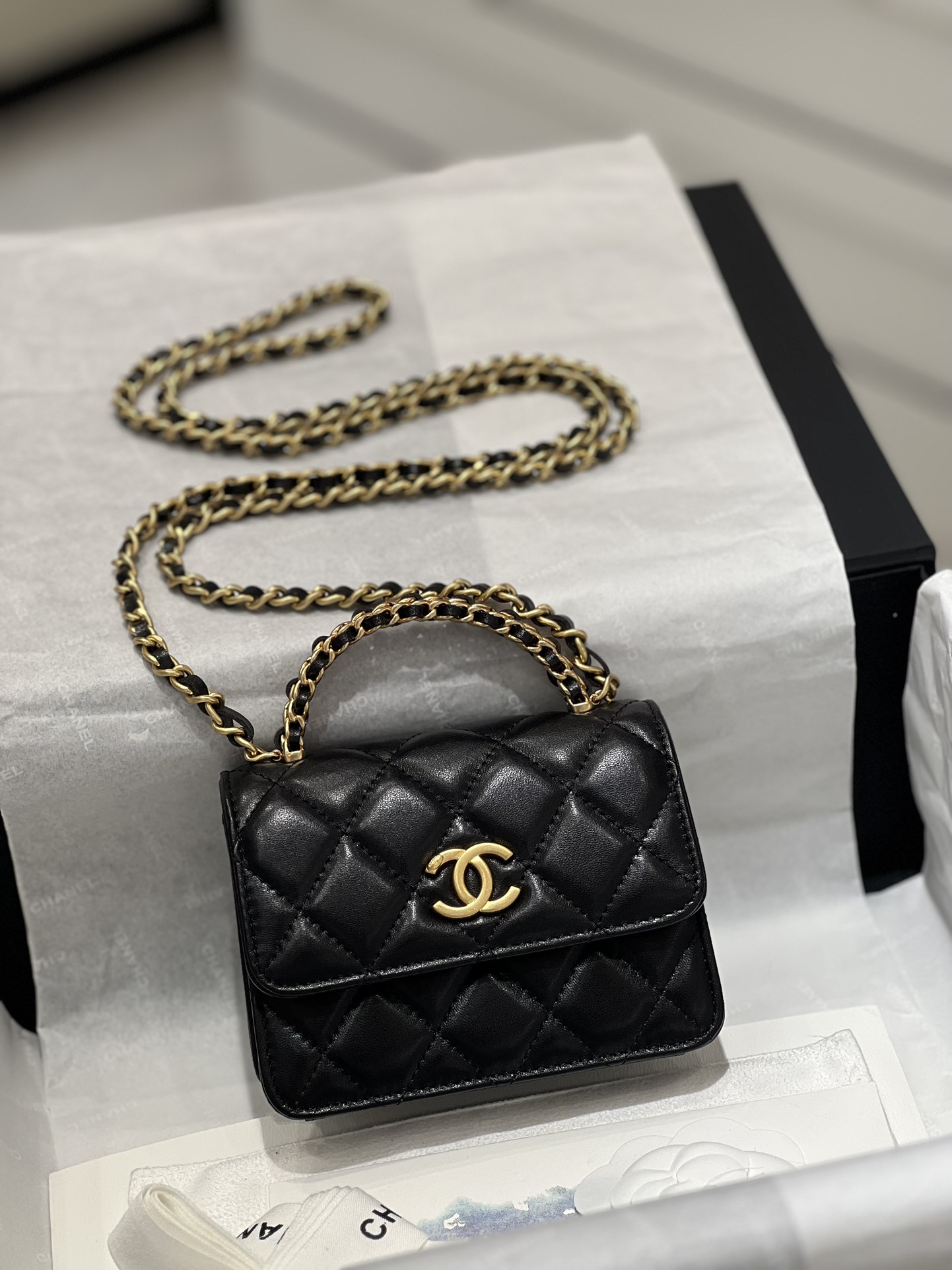 Bagsaaa Ch**el Small Lambskin Flap Black Bag - 12.5x9.5x3.5cm