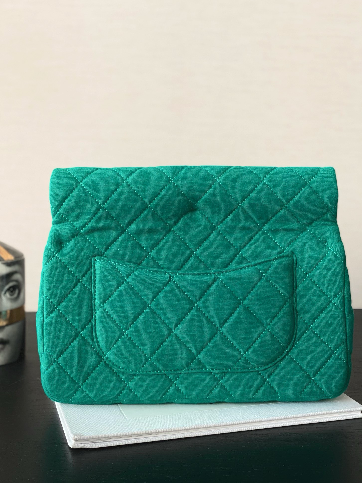 Bagsaaa Ch**el Jersey and metal clutch in green- 24.5x18.5x4.5cm
