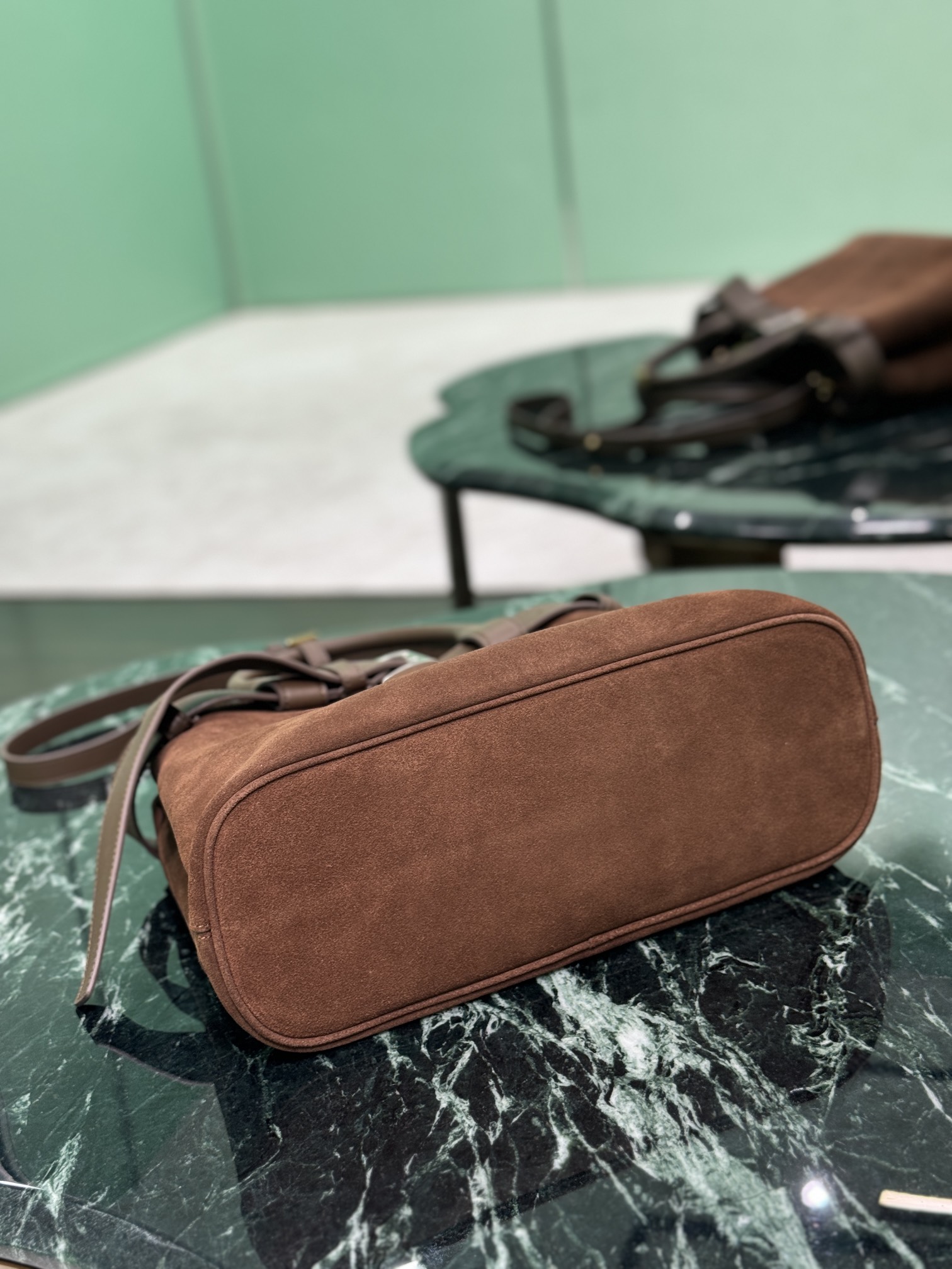 Bagsaaa Medium Pra*a Buckle suede bag with belt dark brown - 32X23X11CM