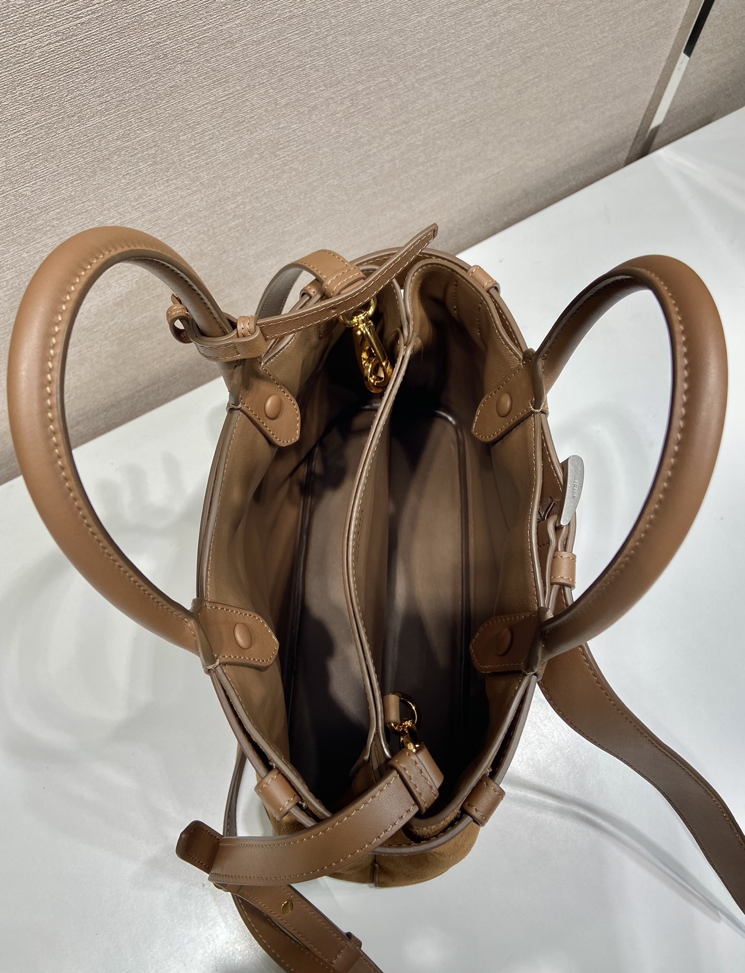 Bagsaaa Medium Pra*a Buckle suede bag with belt light brown - 32X23X11CM