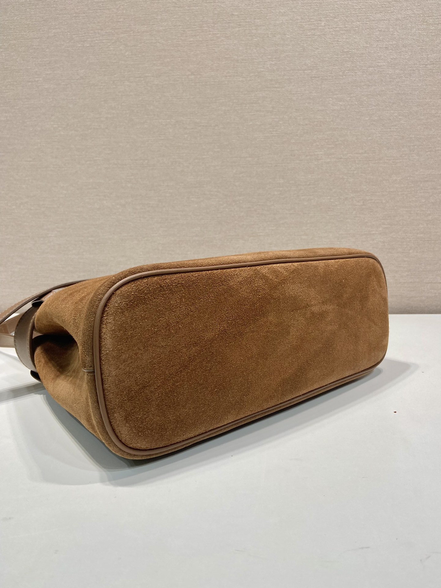 Bagsaaa Medium Pra*a Buckle suede bag with belt light brown - 32X23X11CM