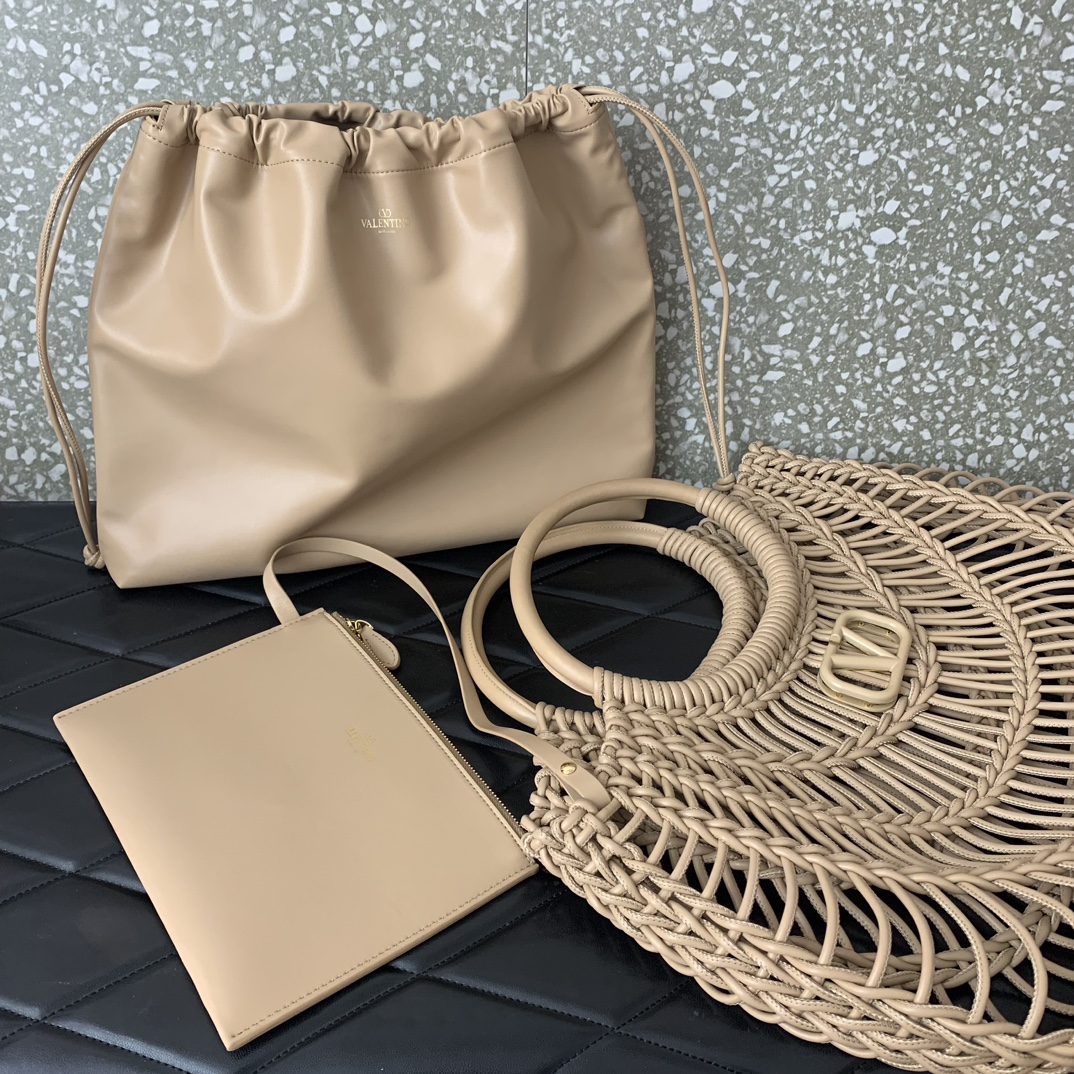 Bagsaaa Va1e*ntin0 Allknots Woven Leather Shopper Beige - 38x34x7 cm